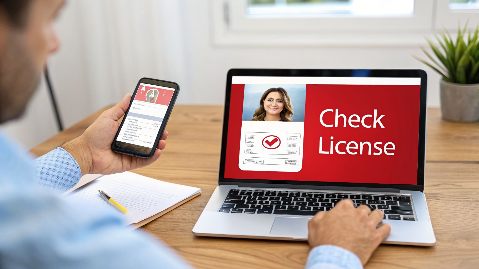 A person is simultaneously looking at a smartphone displaying medical data and using a laptop to check a license online.