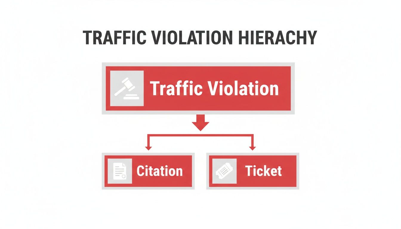 A flowchart illustrates the hierarchy of traffic violations, showing the distinction between a citation and a ticket.