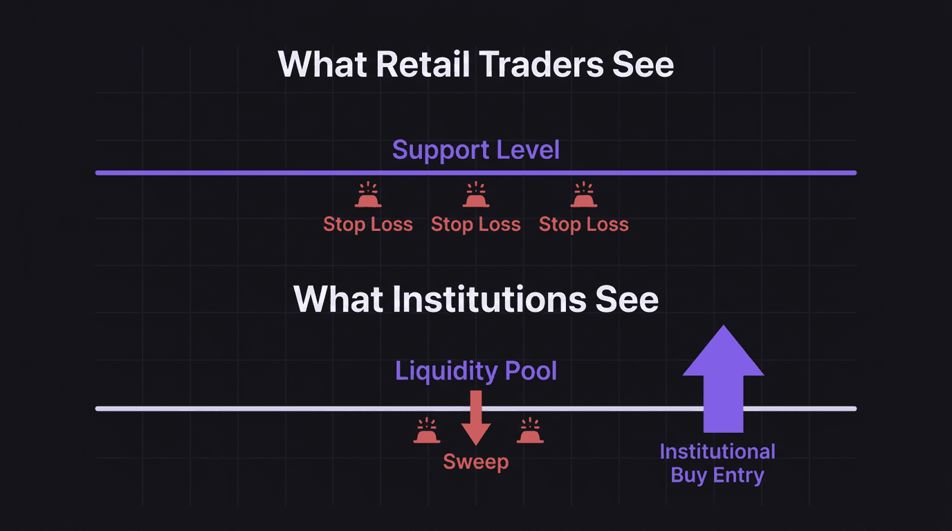 Diagram showing how retail stop losses below support become institutional buy fuel