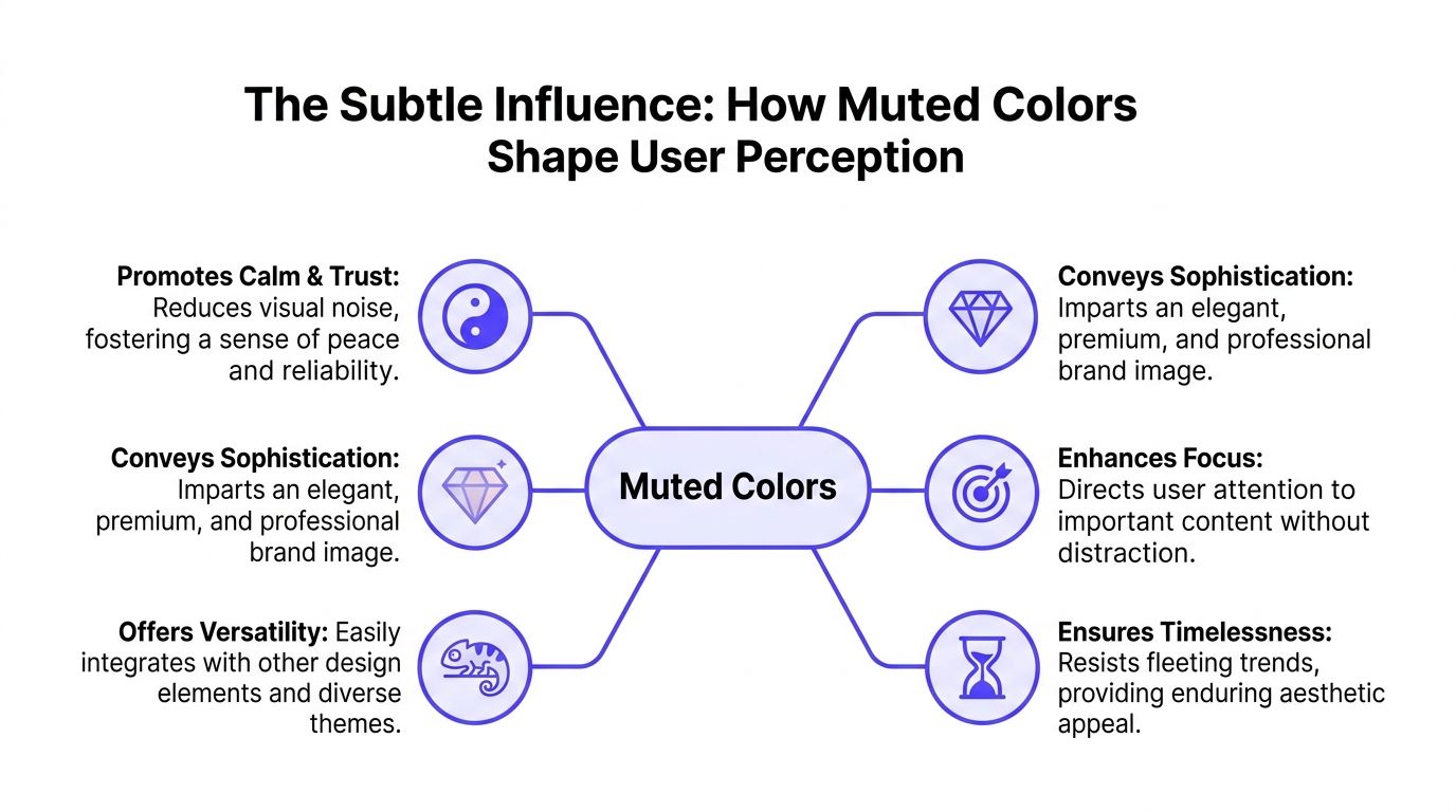 A diagram illustrating how muted colors influence user perception with six distinct professional design benefits.