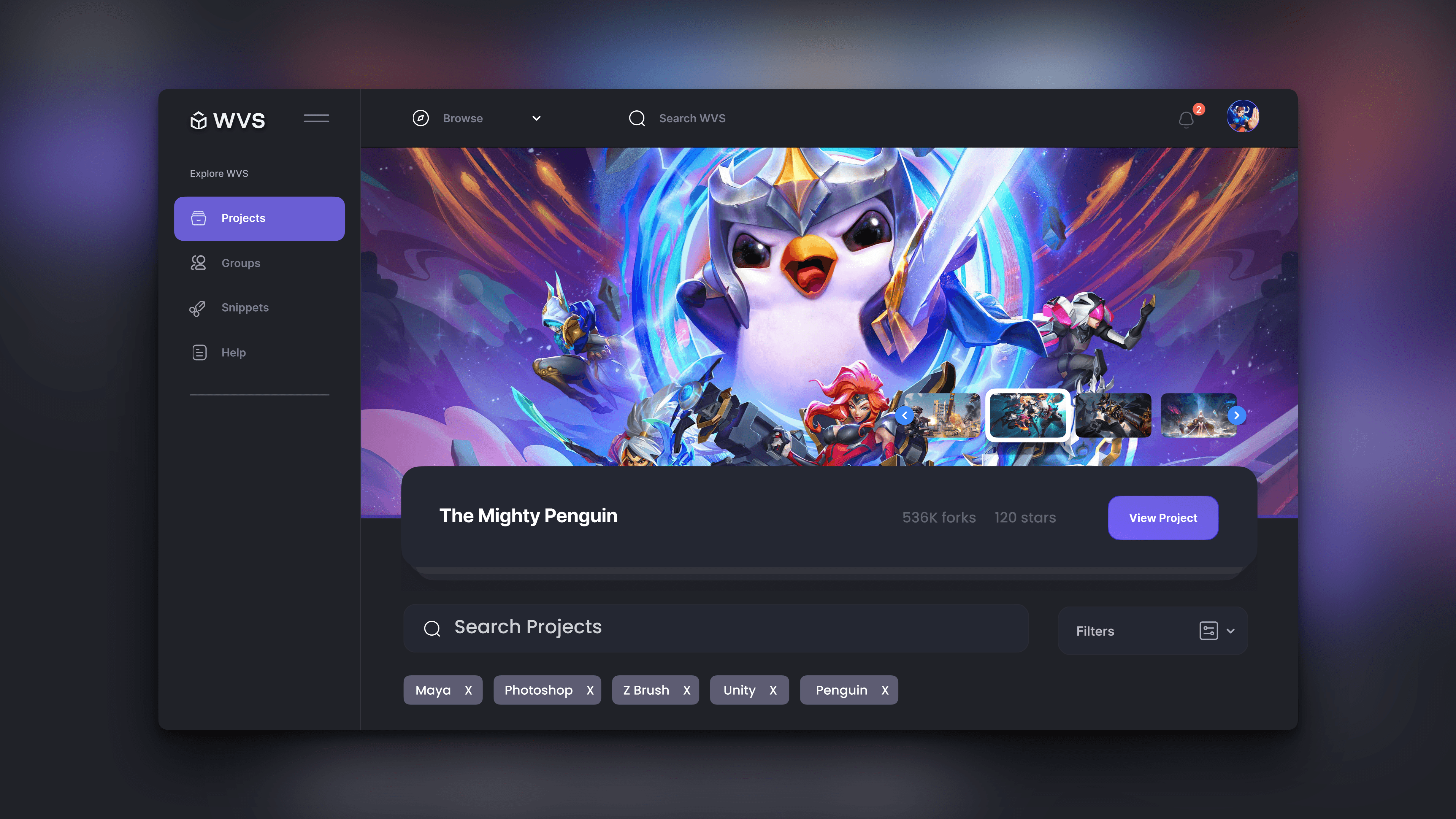 Software interface showcasing colorful animated character art on the main dashboard.