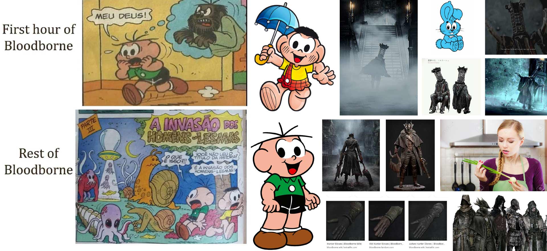 Reference board pairing Monica and Friends characters with Bloodborne costumes, weapons, environments, and lighting.