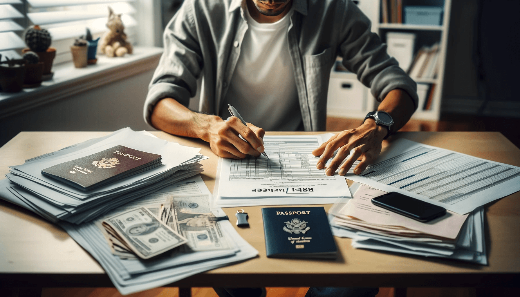 Individual attentively completing the I-864A form, surrounded by essential documents, symbolizing the thorough preparation required in the visa sponsorship process.