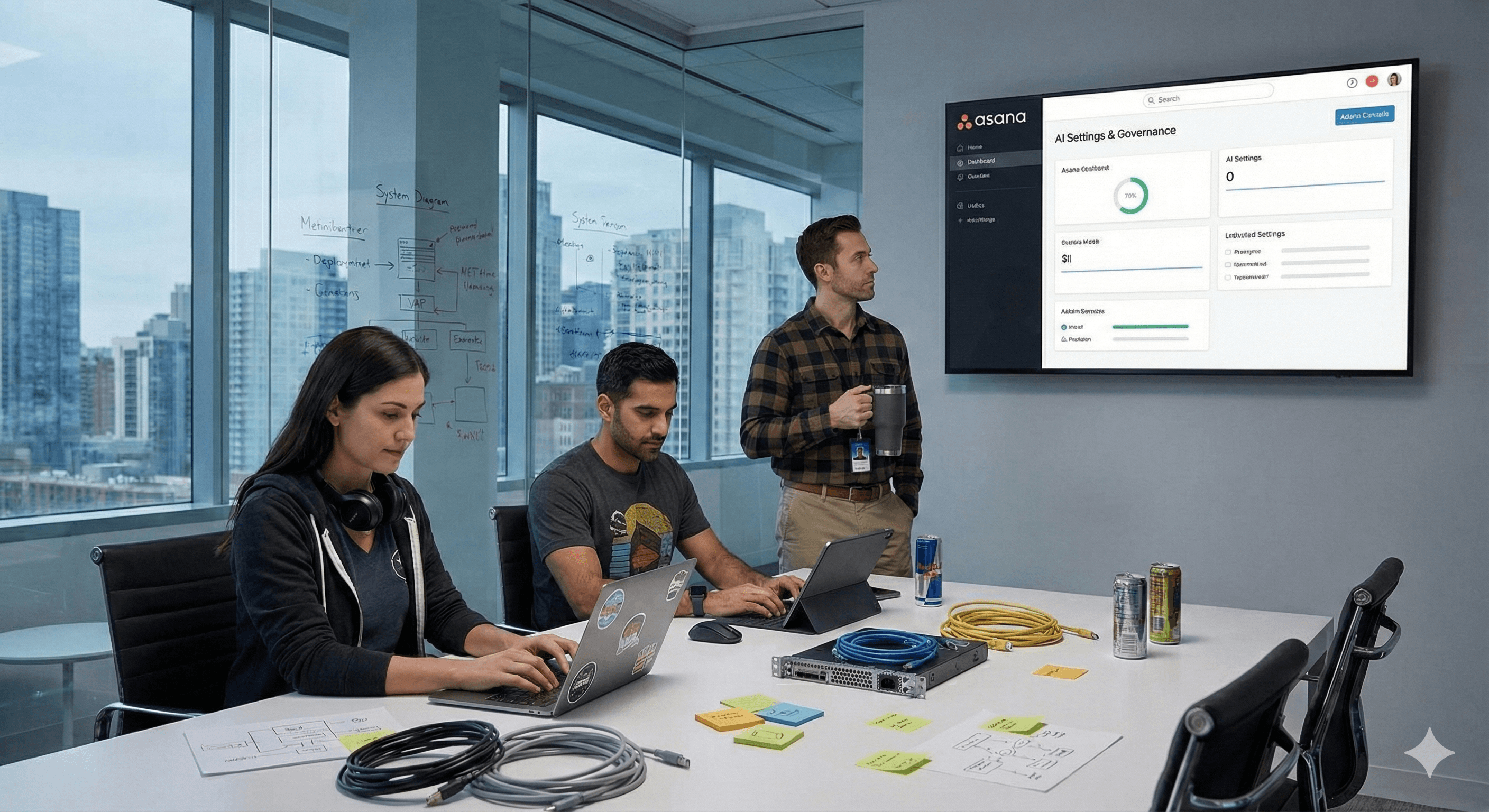 A group of three people in a modern office collaborate on a project related to "Asana AI Settings," with laptops open and a large screen displaying a settings interface, surrounded by cityscape views through glass windows.