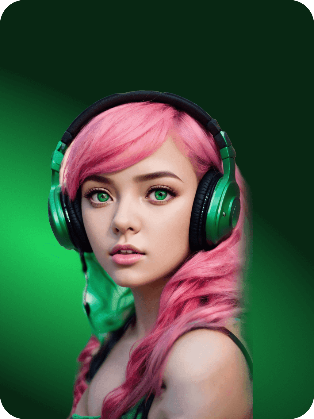 Young woman with pink hair wearing green headphones, representing futuristic music creation technology by Sunora AI Music Generator app.