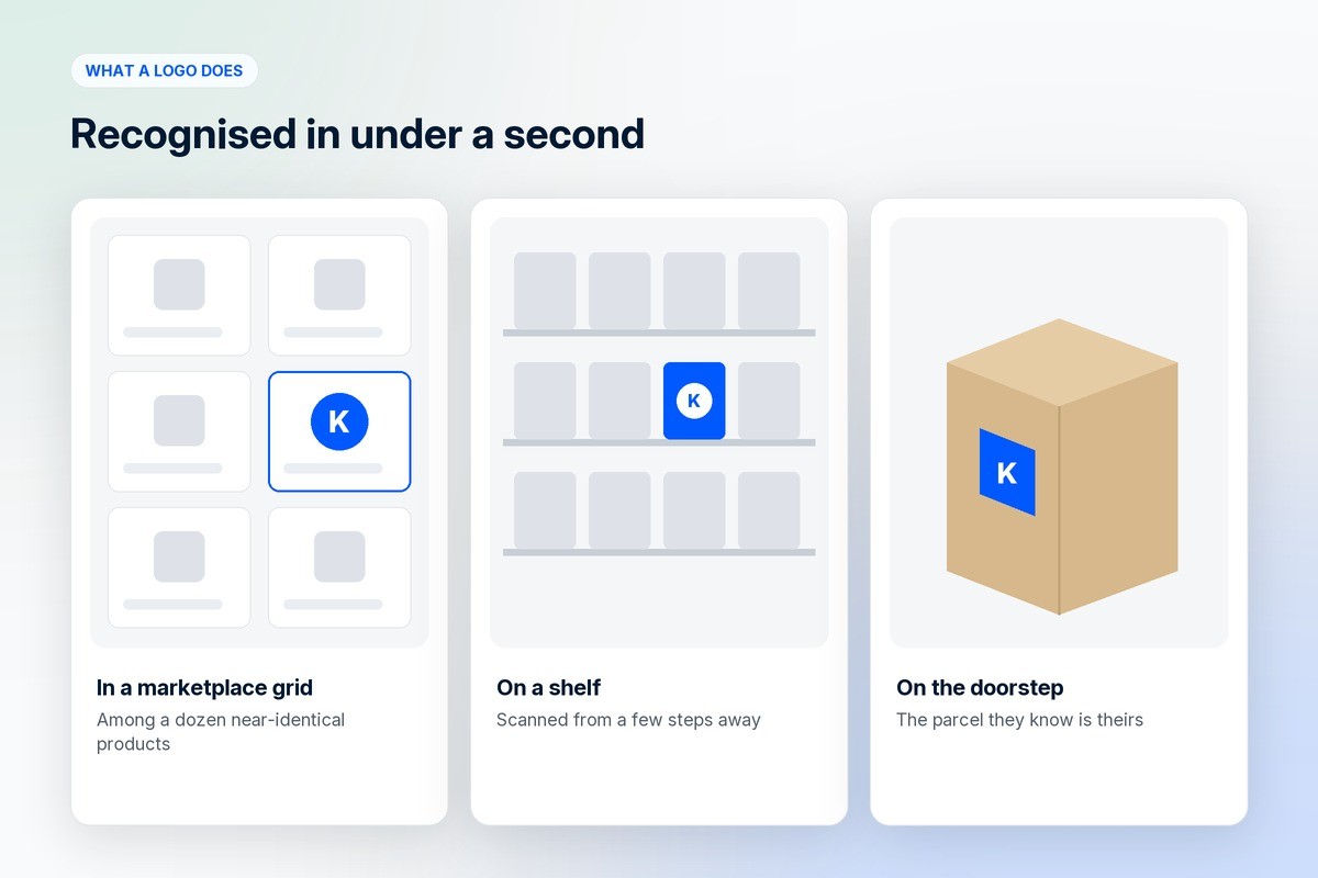 A logo recognised in a marketplace grid, on a shop shelf and on a parcel at the door