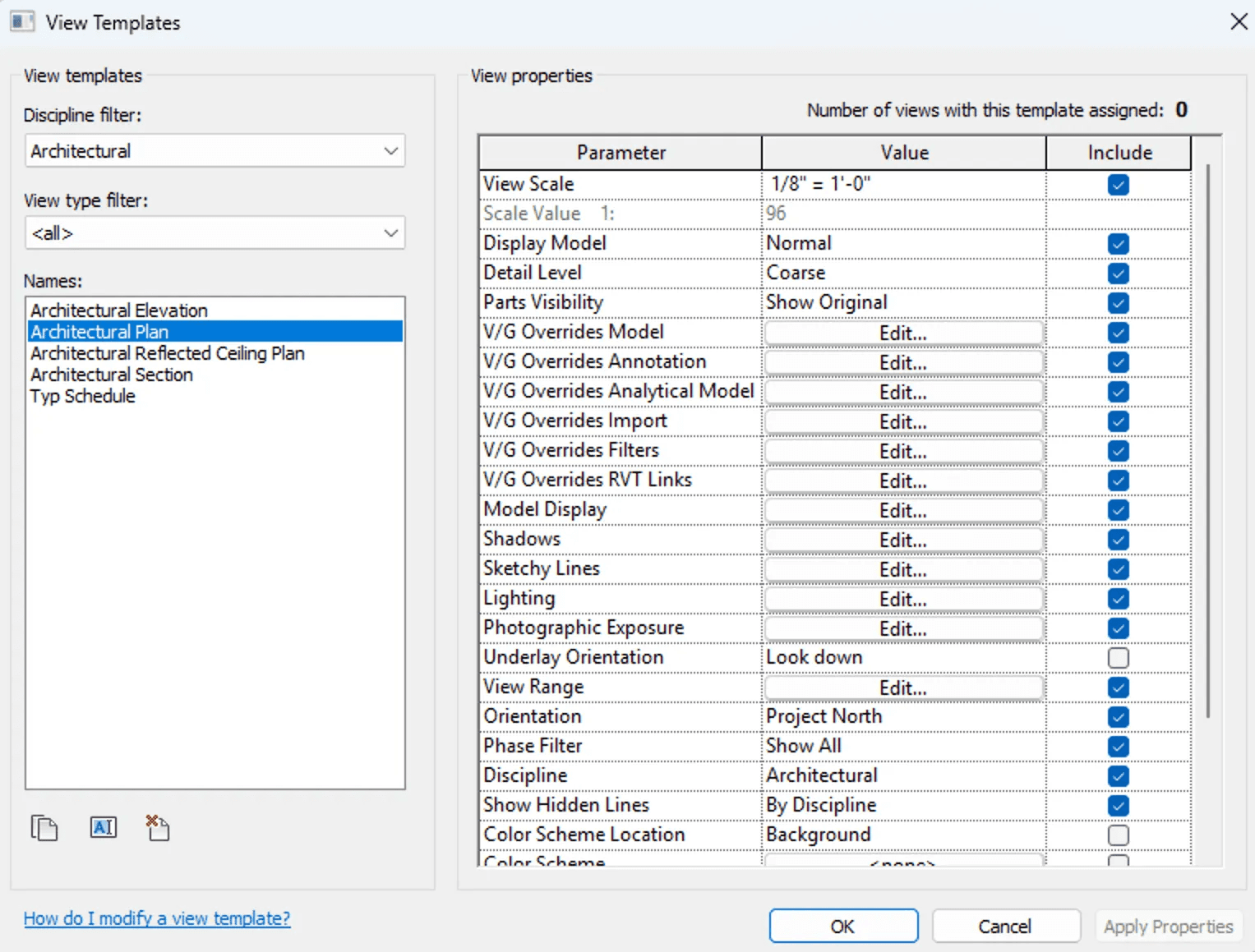 A view template for an Architectural Plan includes over 25 different settings, many of which have numerous sub-settings inside.