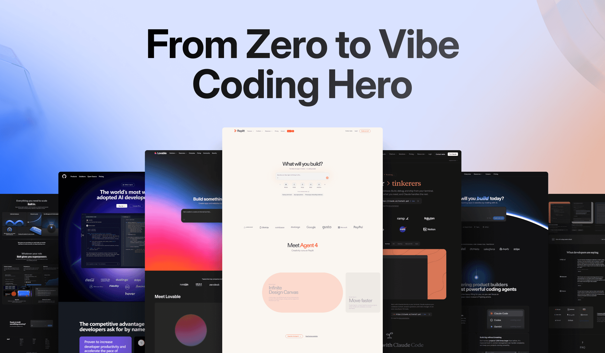 From zero to vibe coding hero graphic featuring Replit, Lovable, and GitHub interfaces.