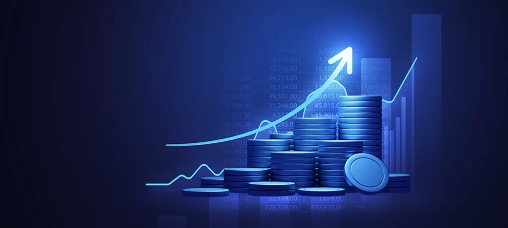 Coins and assets growing with an arrow showing simple investing returns