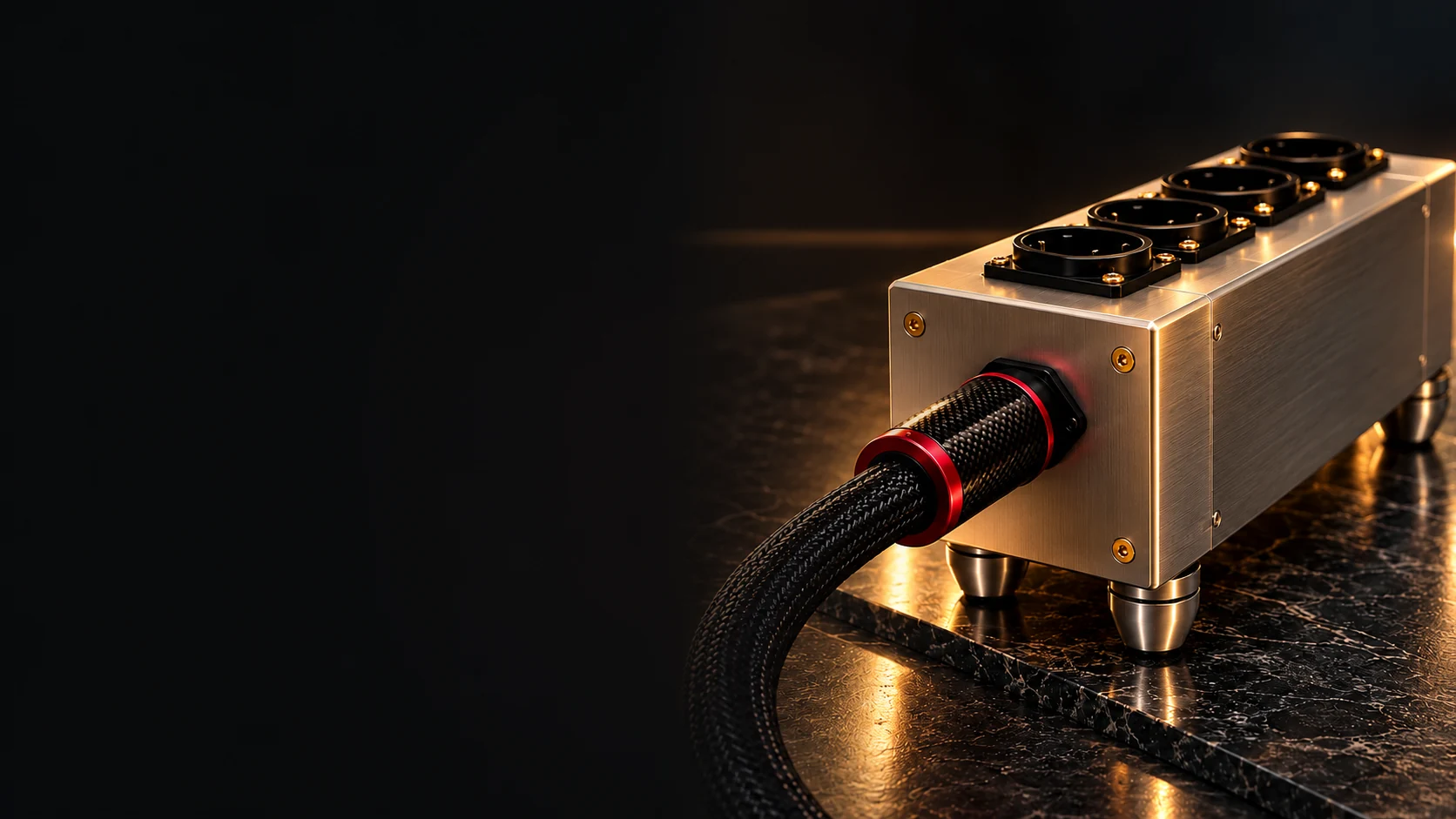 NEXUS High Current – Produktvisualisierung mit vier Steckplätzen und einer angeschlossenen Netzleitung