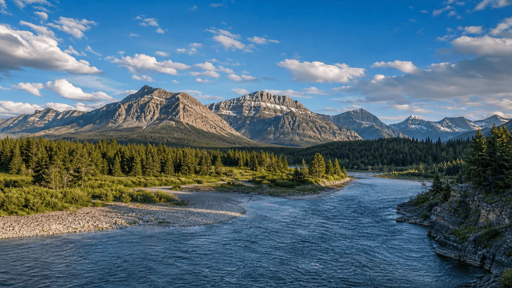 Mountain landscape with river and forest under wide open sky in Montana  nebraska