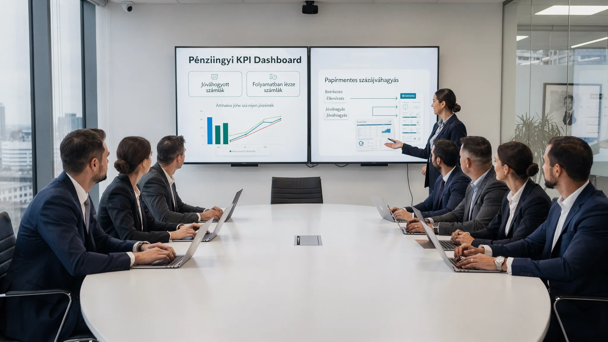 Pénzügyi csapat egy tárgyalóban, papírmentes számlajóváhagyási folyamattal és egyszerű KPI dashboarddal a képernyőn, a kijelzők a nézők felé fordítva.