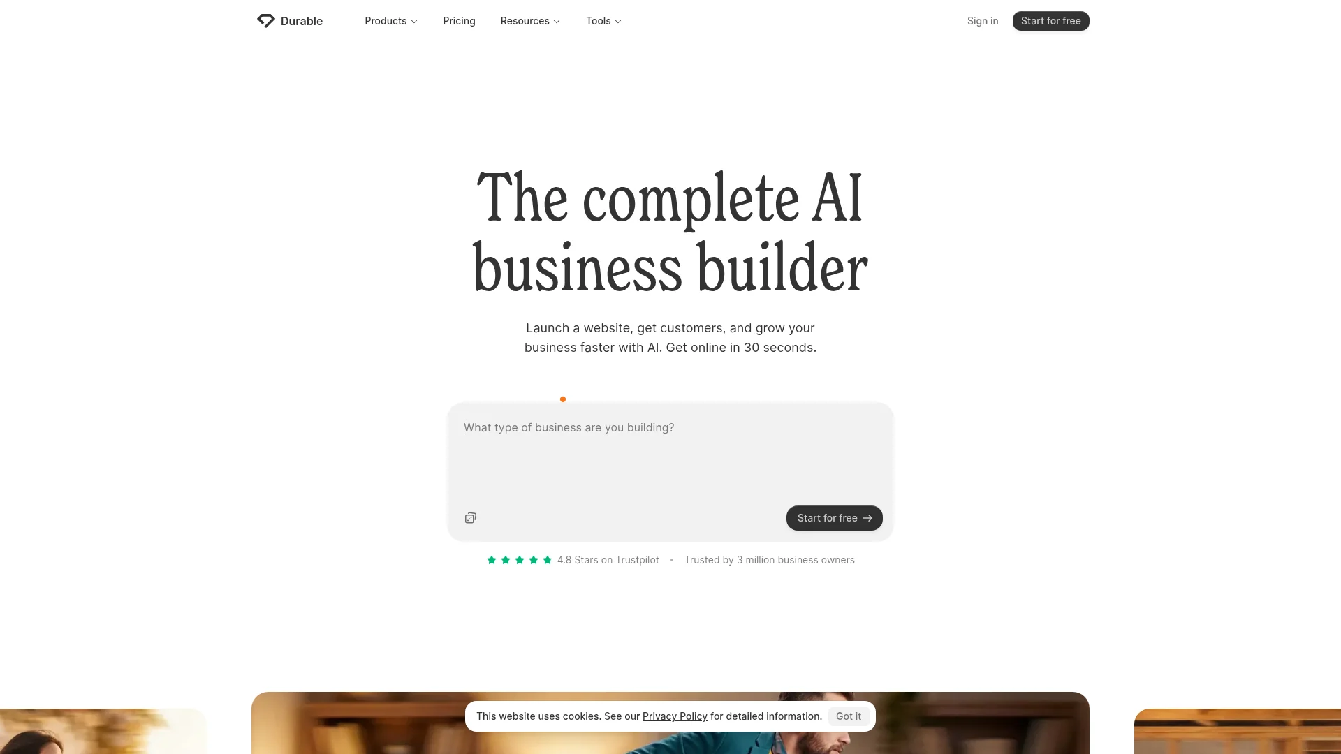 Durable AI website builder homepage