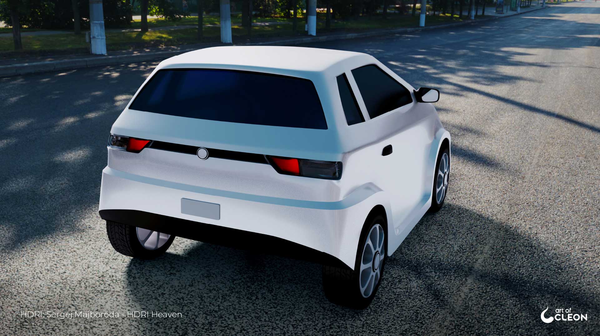 JAD 3 electric car composited into an outdoor road environment.