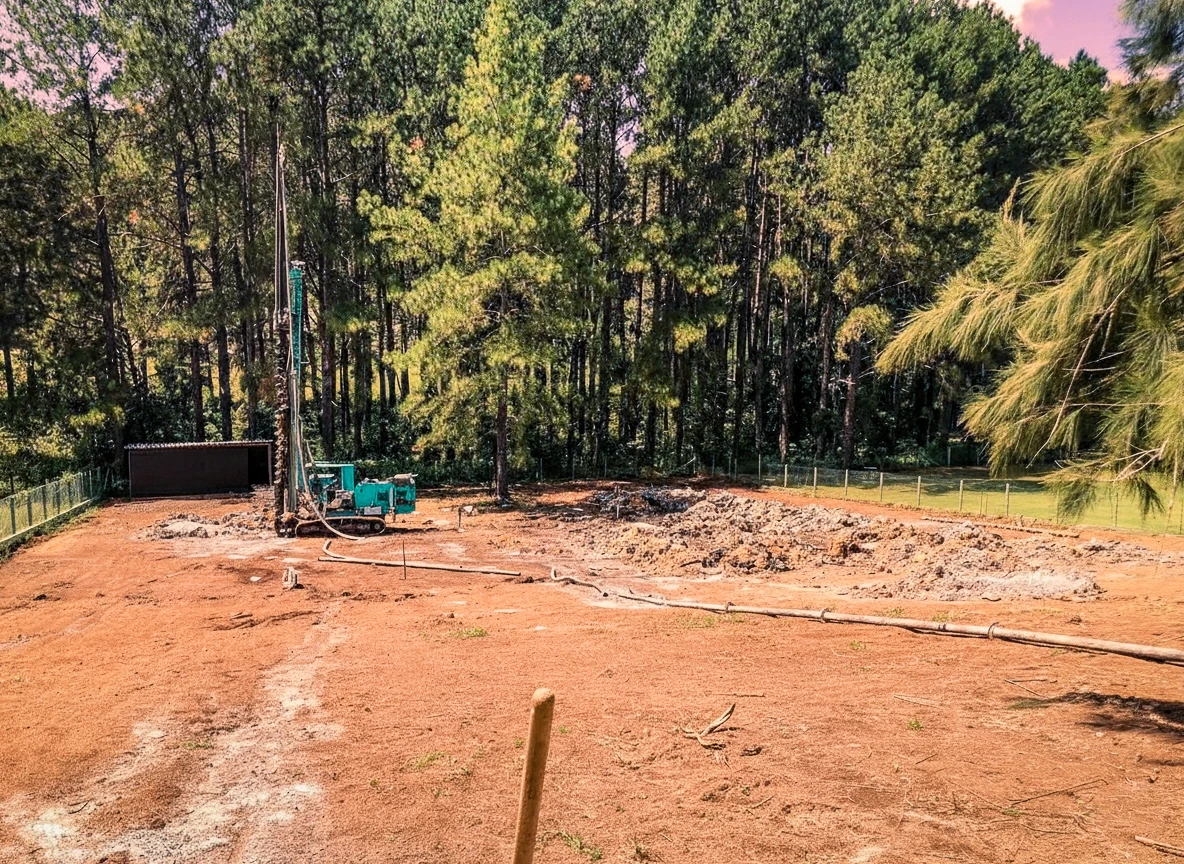 Máquina de perfuração em um terreno grande de terra vermelha, com tubulações no chão e uma densa floresta de pinheiros e eucaliptos ao fundo.