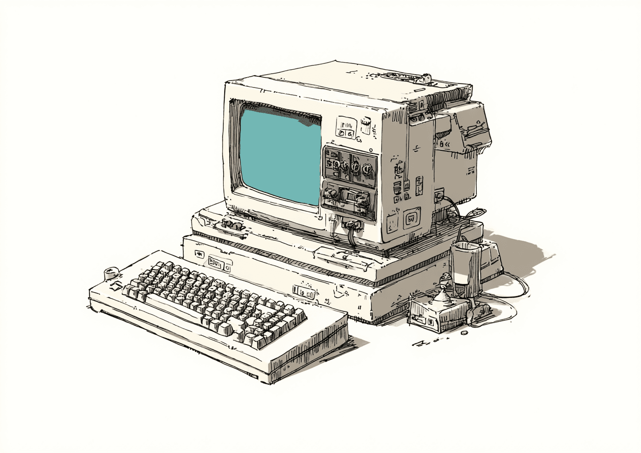 An illustration of a retro computer, pencil stroke style