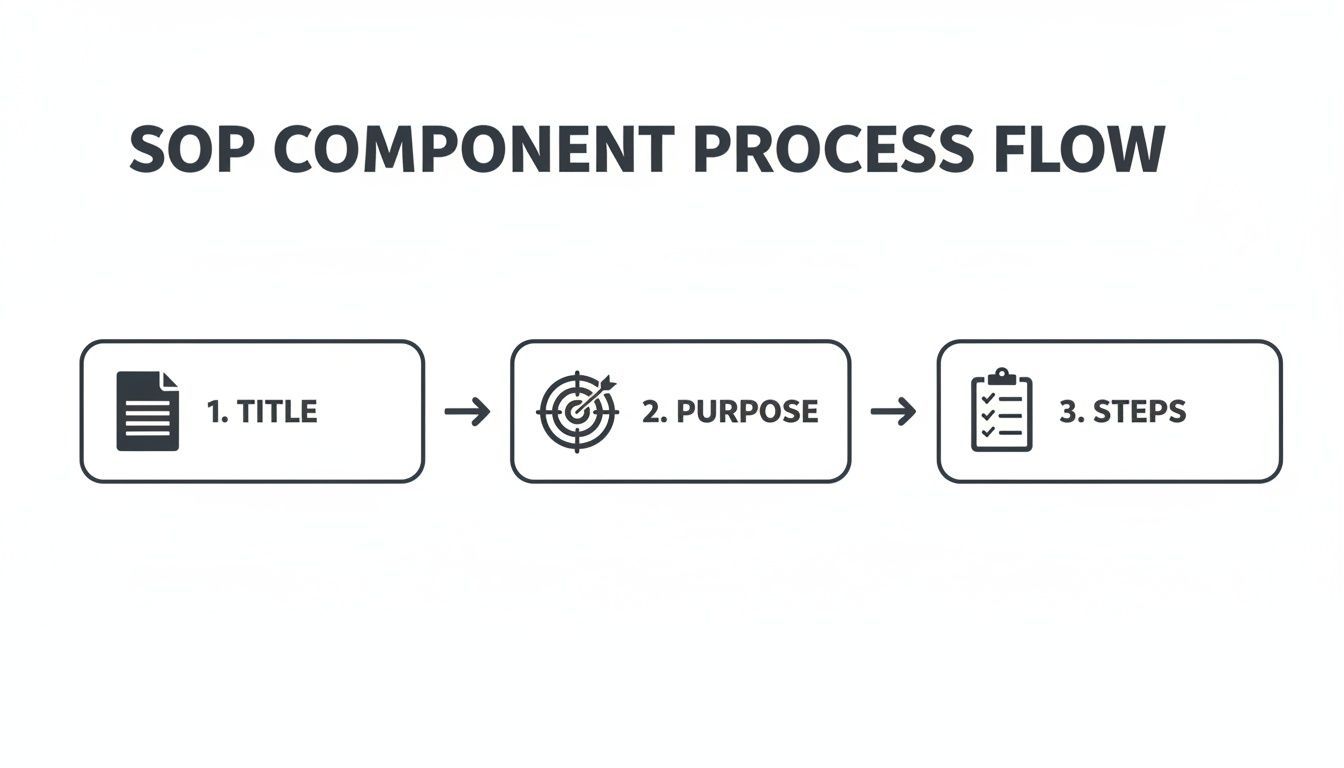A flow diagram illustrates the Standard Operating Procedure (SOP) components: Title, Purpose, and Steps.