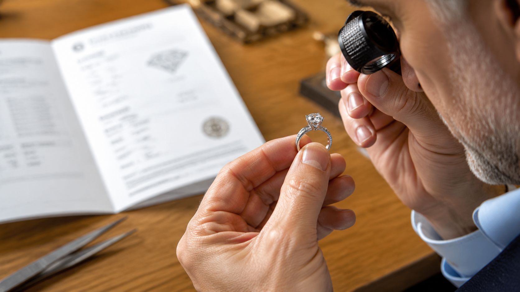 A professional jeweler meticulously inspecting a diamond engagement ring with a magnifying loupe at a wooden desk.