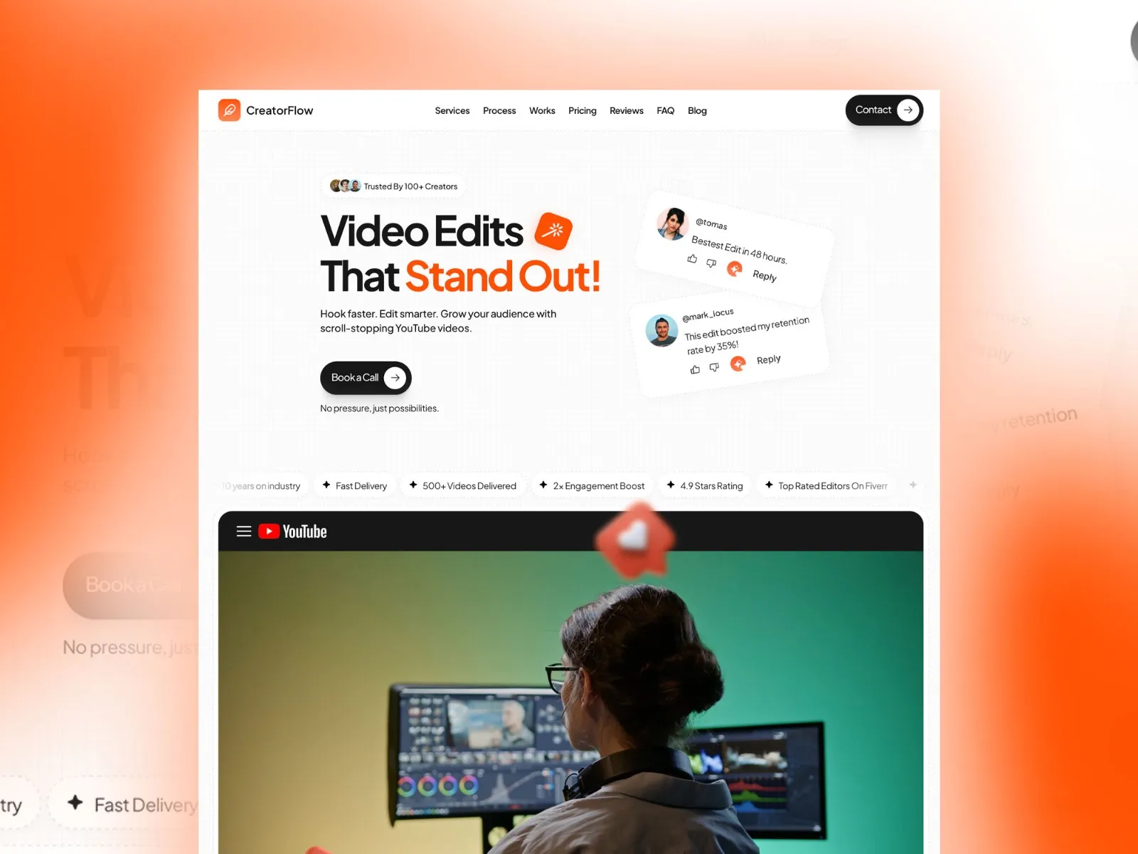 CreatorFlow content creator template with video editing hero section, client reviews, and YouTube preview layout.