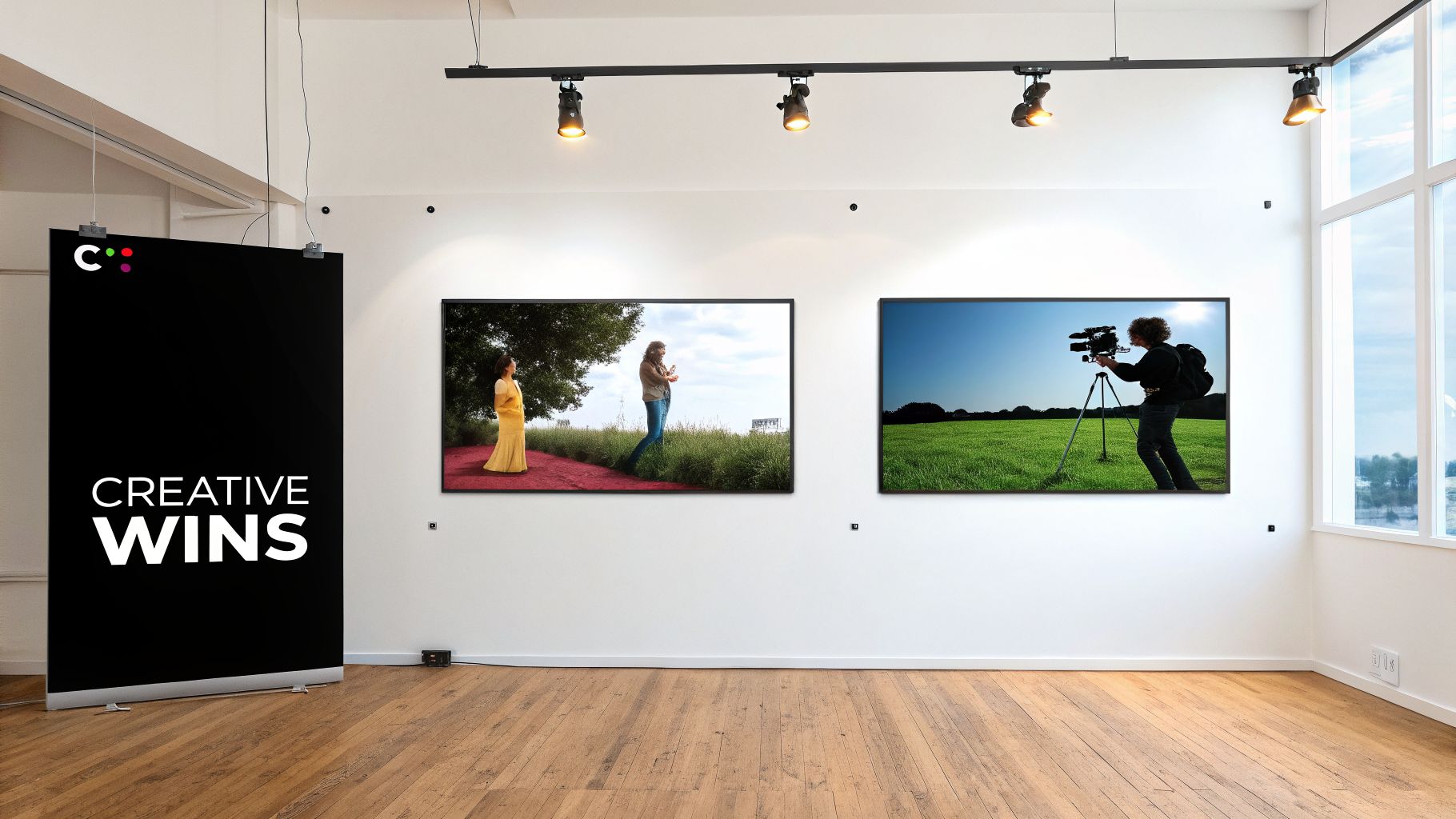 A modern art gallery displaying two framed photographs and a 'Creative Wins' banner, with track lighting and a large window.
