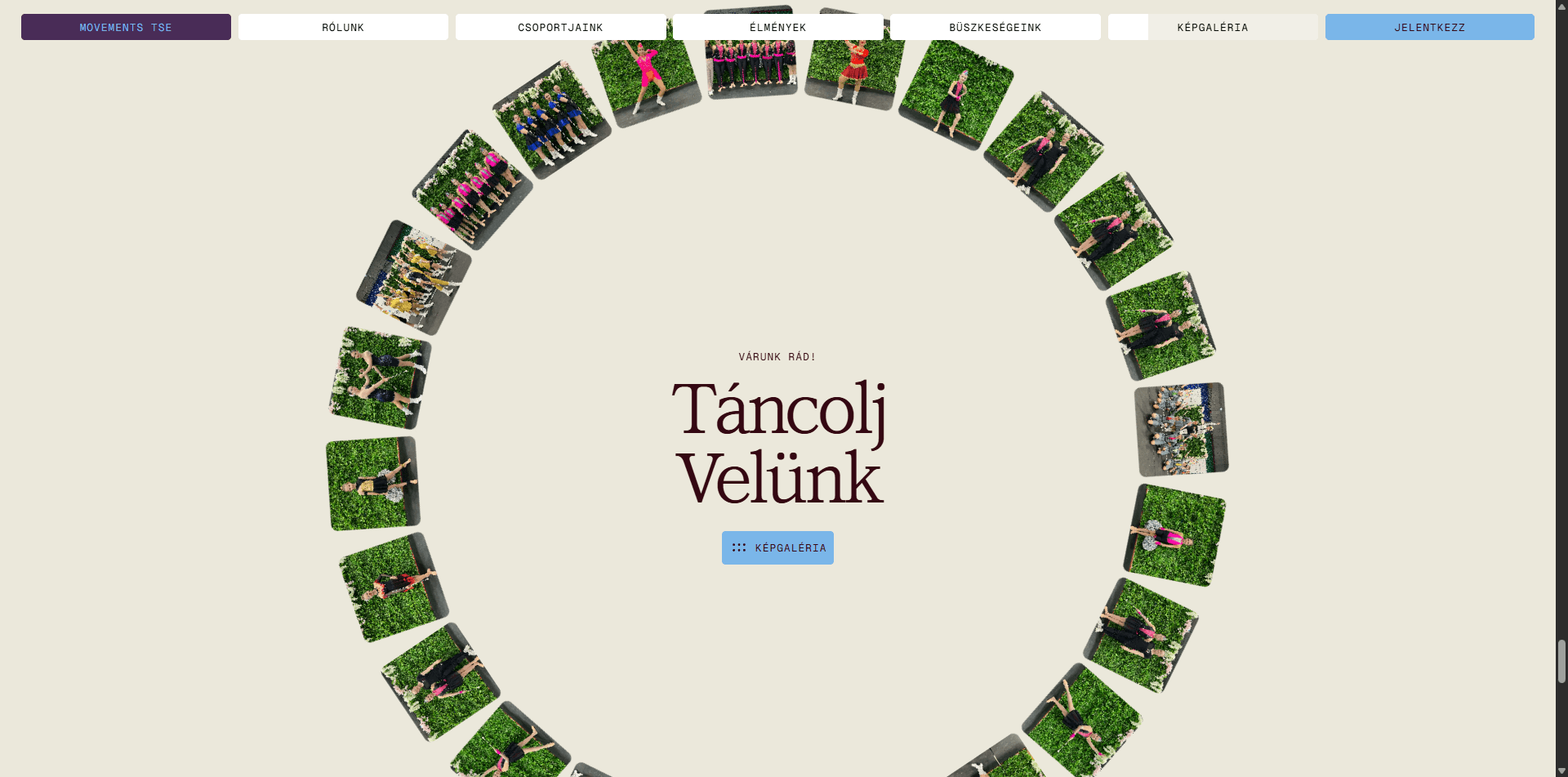 Dancers in a circular arrangement with text "Táncolj Velünk"