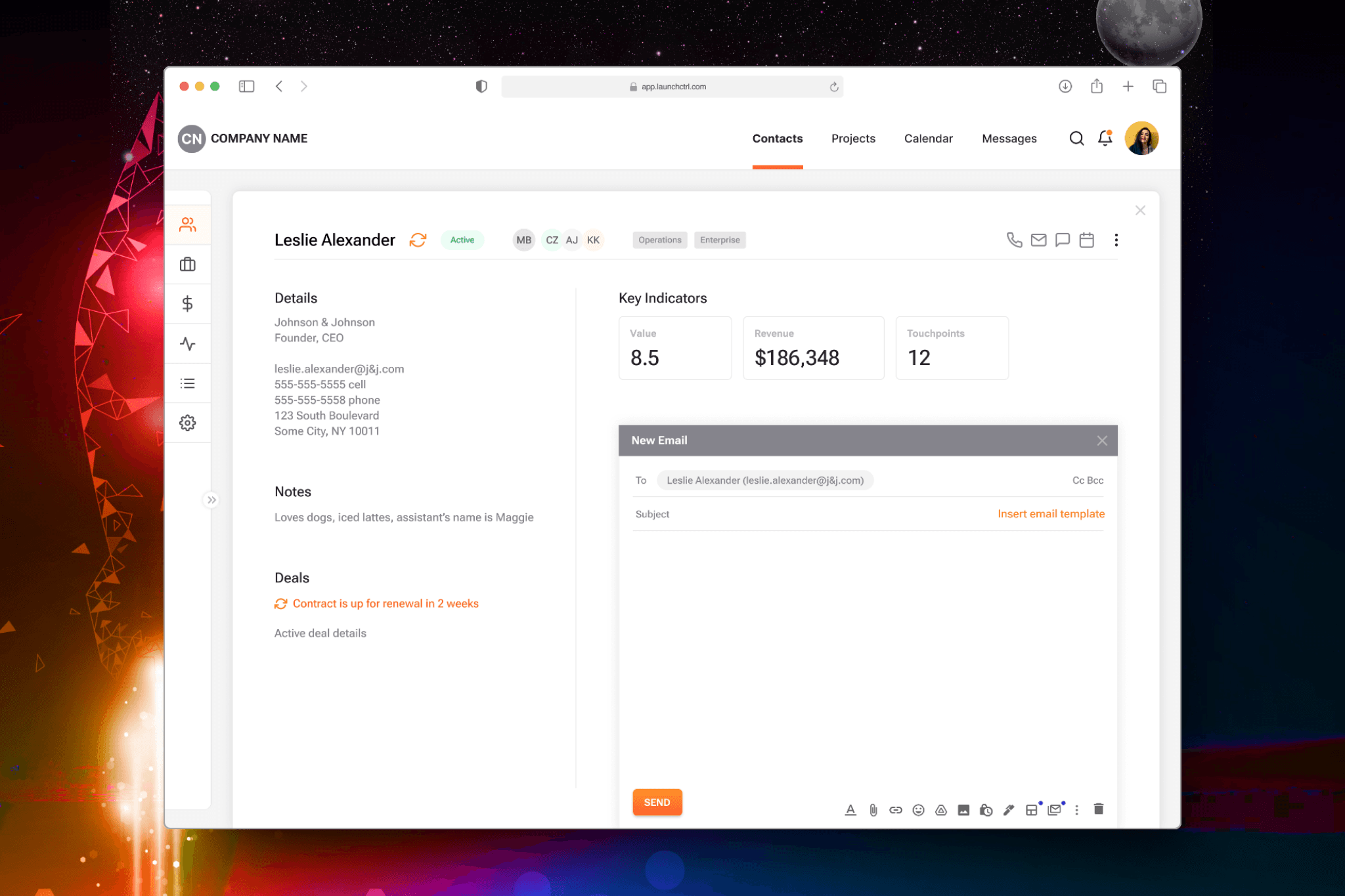 CRM dashboard screen showing contact details, key indicators, notes, deal status, and a new email draft for a client.