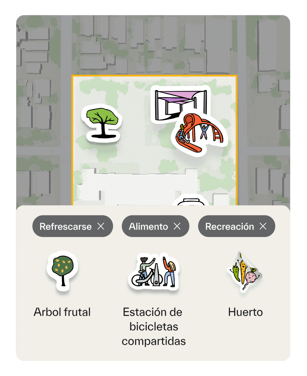 Un boceto del proyecto destinado a priorizar el enfriamiento, la alimentación y la recreación revela remedios correspondientes sugeridos por el Field Kit, incluyendo un árbol frutal, una estación de bicicletas compartidas y un huerto.