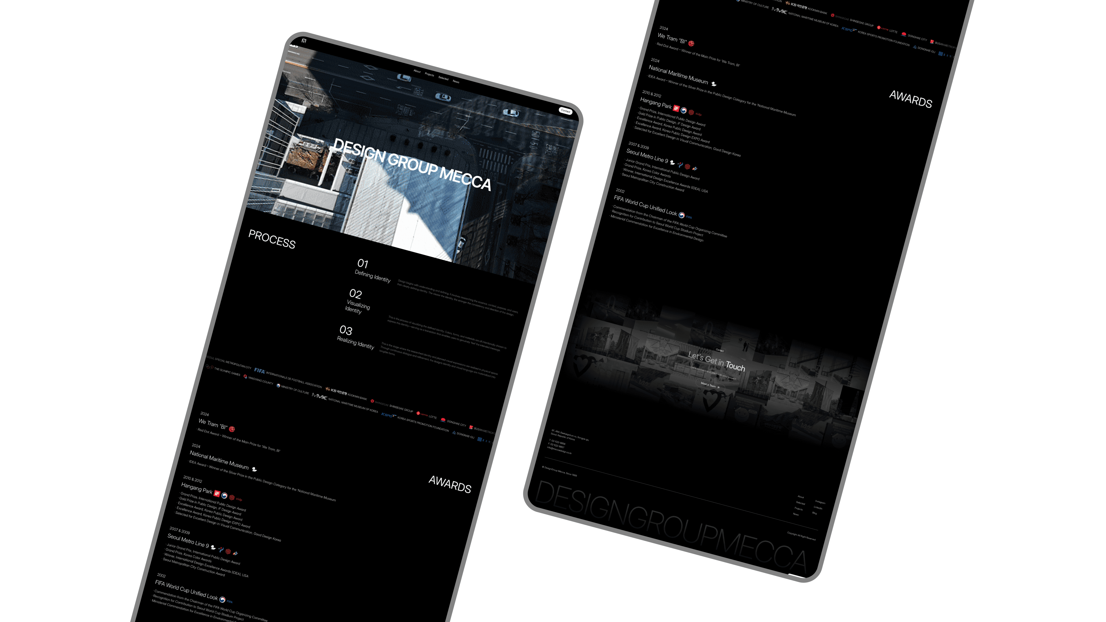 Responsive web design mockups showing a dark portfolio interface for digital product and brand presentation