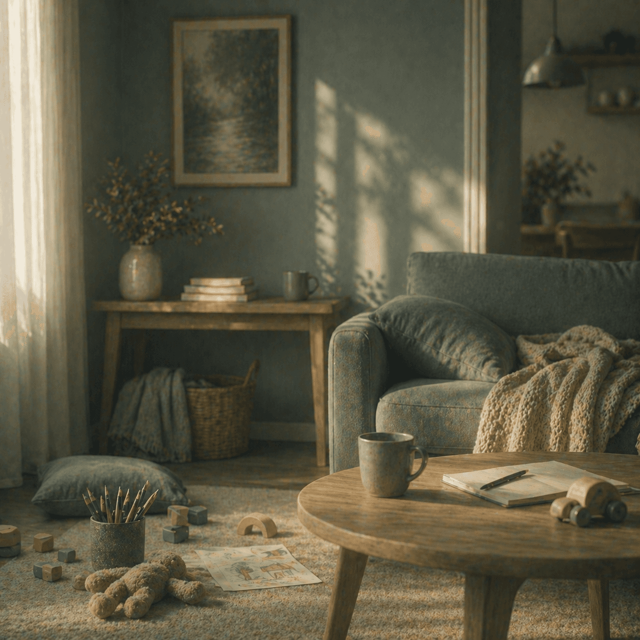 A living room with childrens resources placed on the carpet 