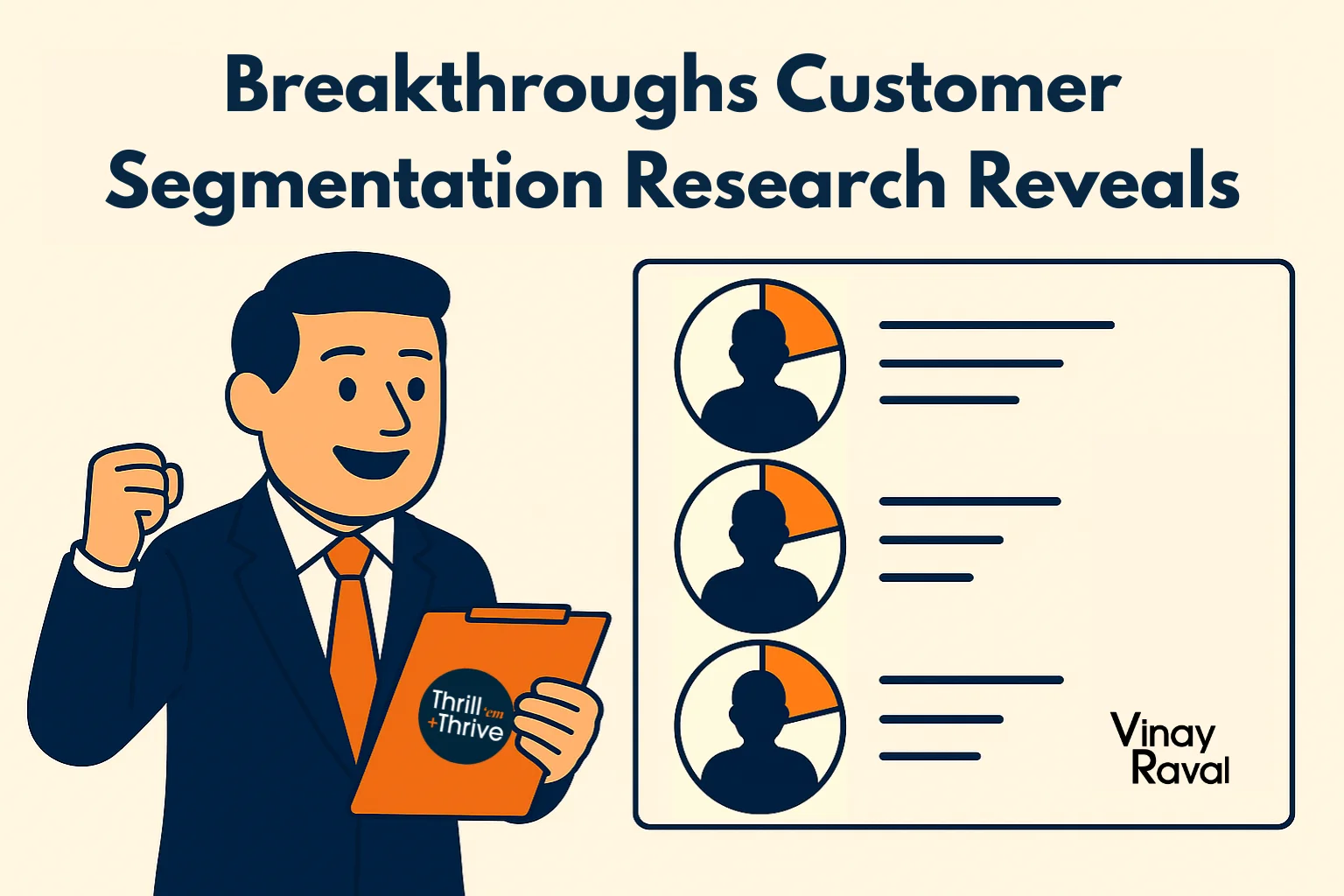 cartoon-businessman-holding-an-orange-clipboard-with-thrill-em-thrive-logo-smiling-next-to-a-chart-showing-three-profile-icons-and-text-lines-about-customer-segmentation-research