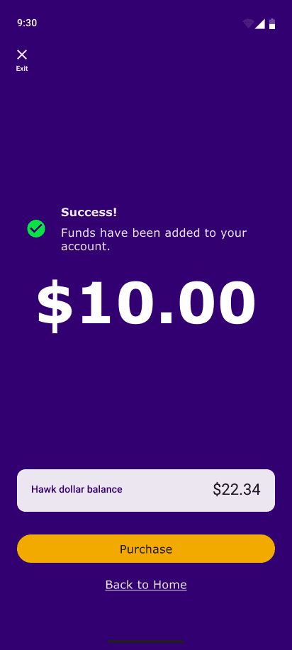 High-fidelity design of the purchase confirmation screen, displaying the amount added to the balance, the updated account balance, and two clear buttons: one to 'Make Another Purchase' and one to 'Return Home.