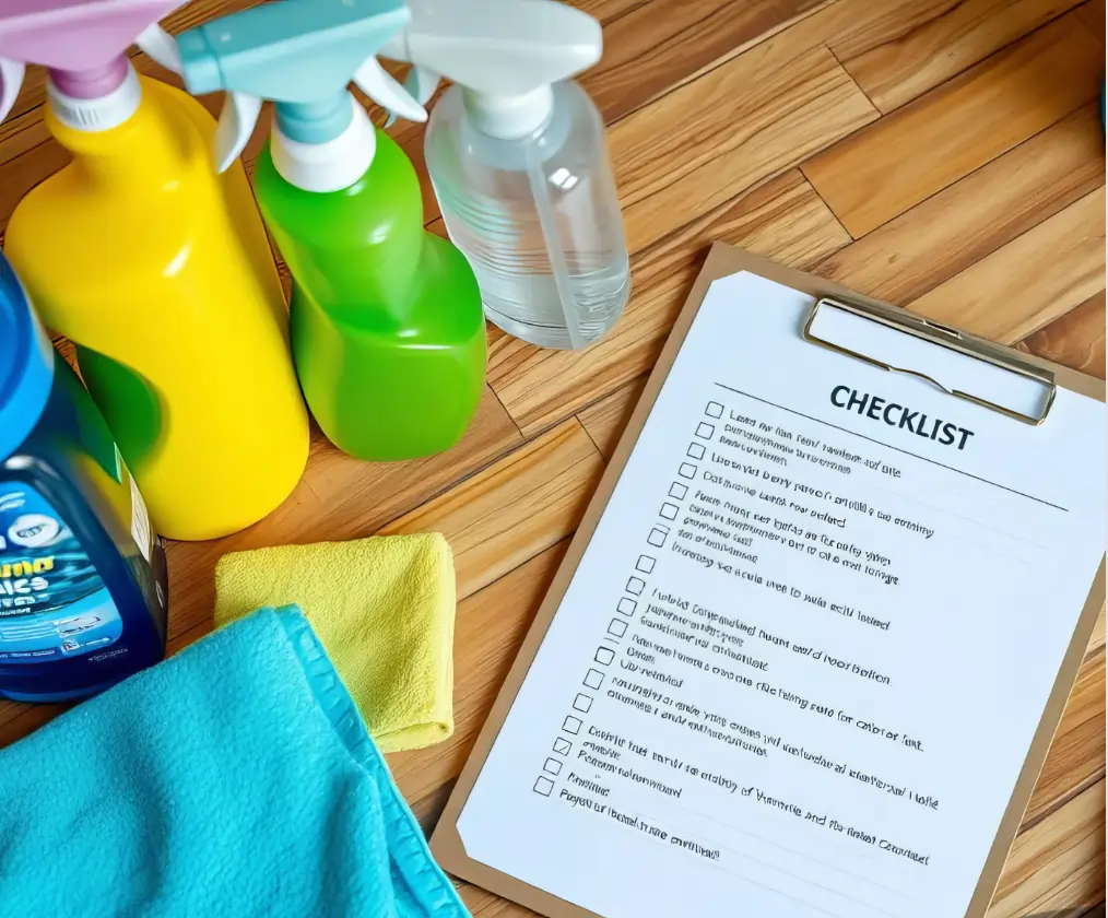 Commercial cleaning equipment with daily cleaning checklist and EPA-registered supplies