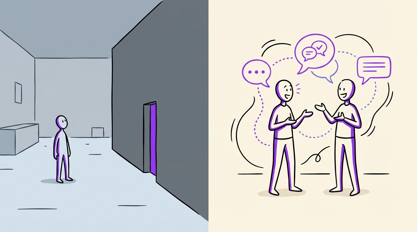 A split-screen illustration comparing a sterile, impersonal corporate career page to a human-centered, conversational approach to hiring.