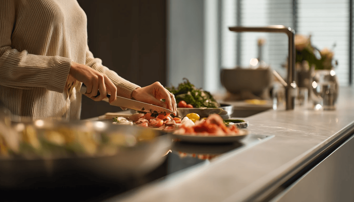 SilentAngels® Betreuerin bereiten frische Zutaten für eine Mahlzeit vor – SilentAngels® Unterstützung bei Ernährung und Essensvorbereitung.