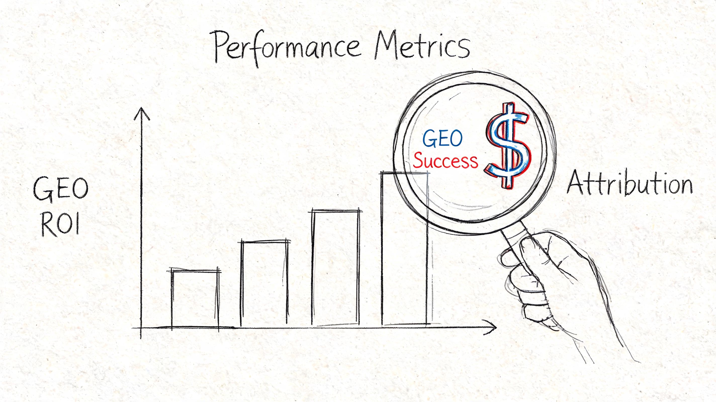 A hand holding a magnifying glass over a bar chart depicting business growth and performance metrics.