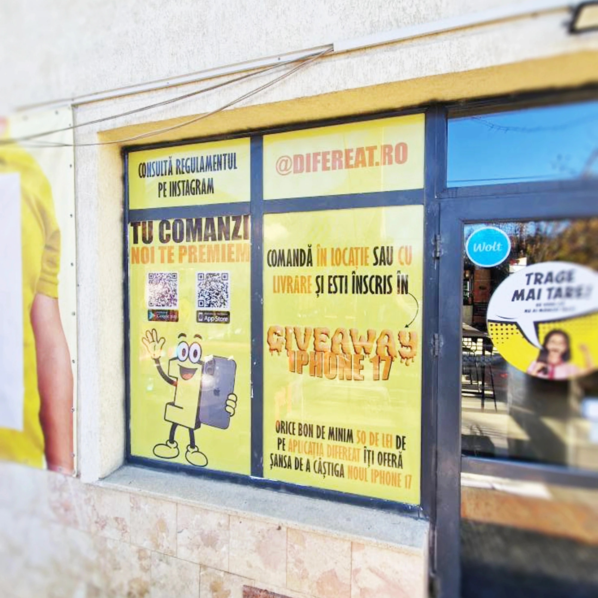 Detaliu colantare vitrină Difereat, afiș campanie giveaway