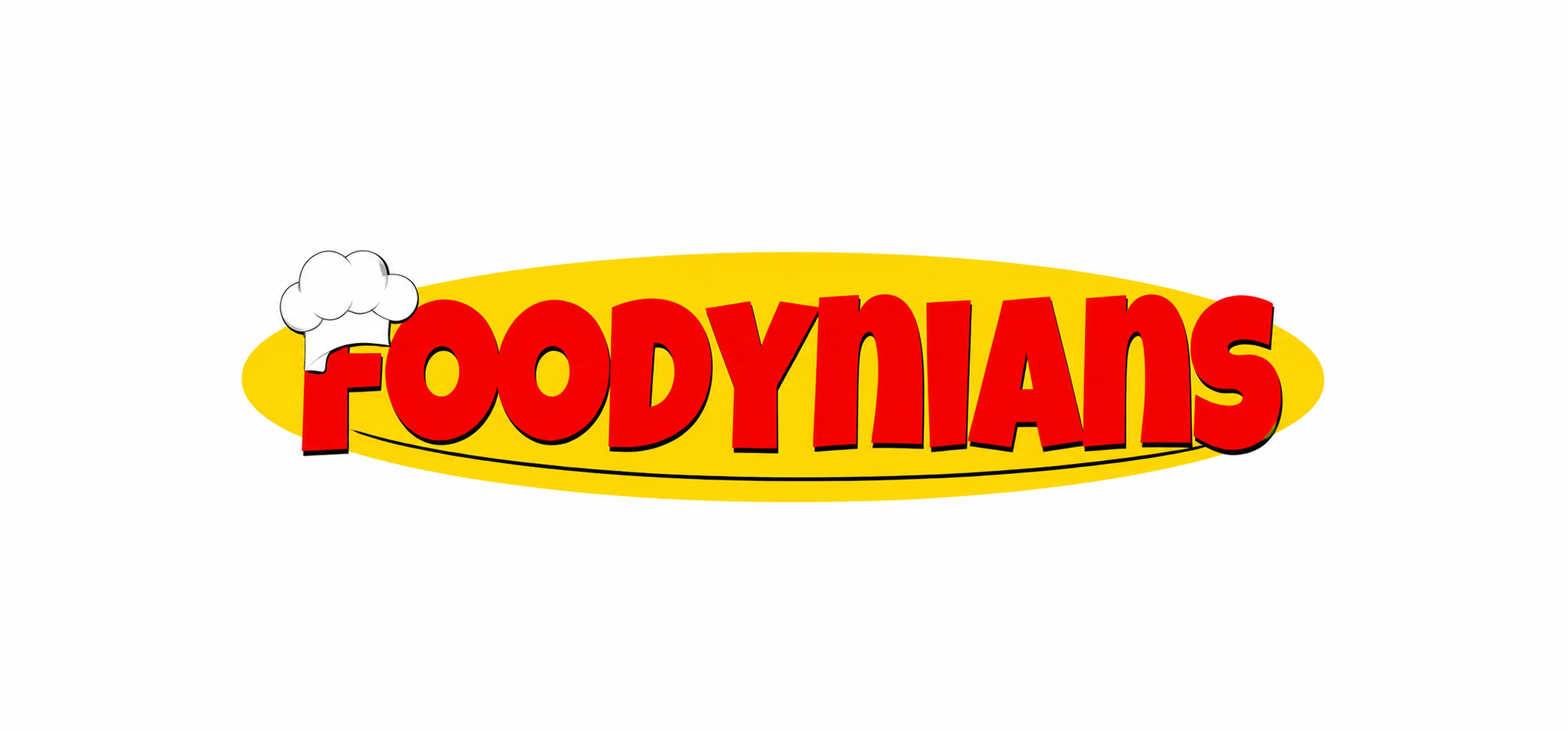 Colorful cartoon-style “FOODYNIANS” logo in bold red and yellow lettering, centered on a white background, creating a playful, cheerful tone.