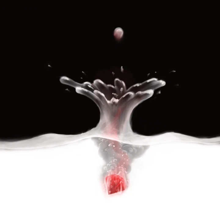 Digital painting of a ruby dropping in bright liquid.