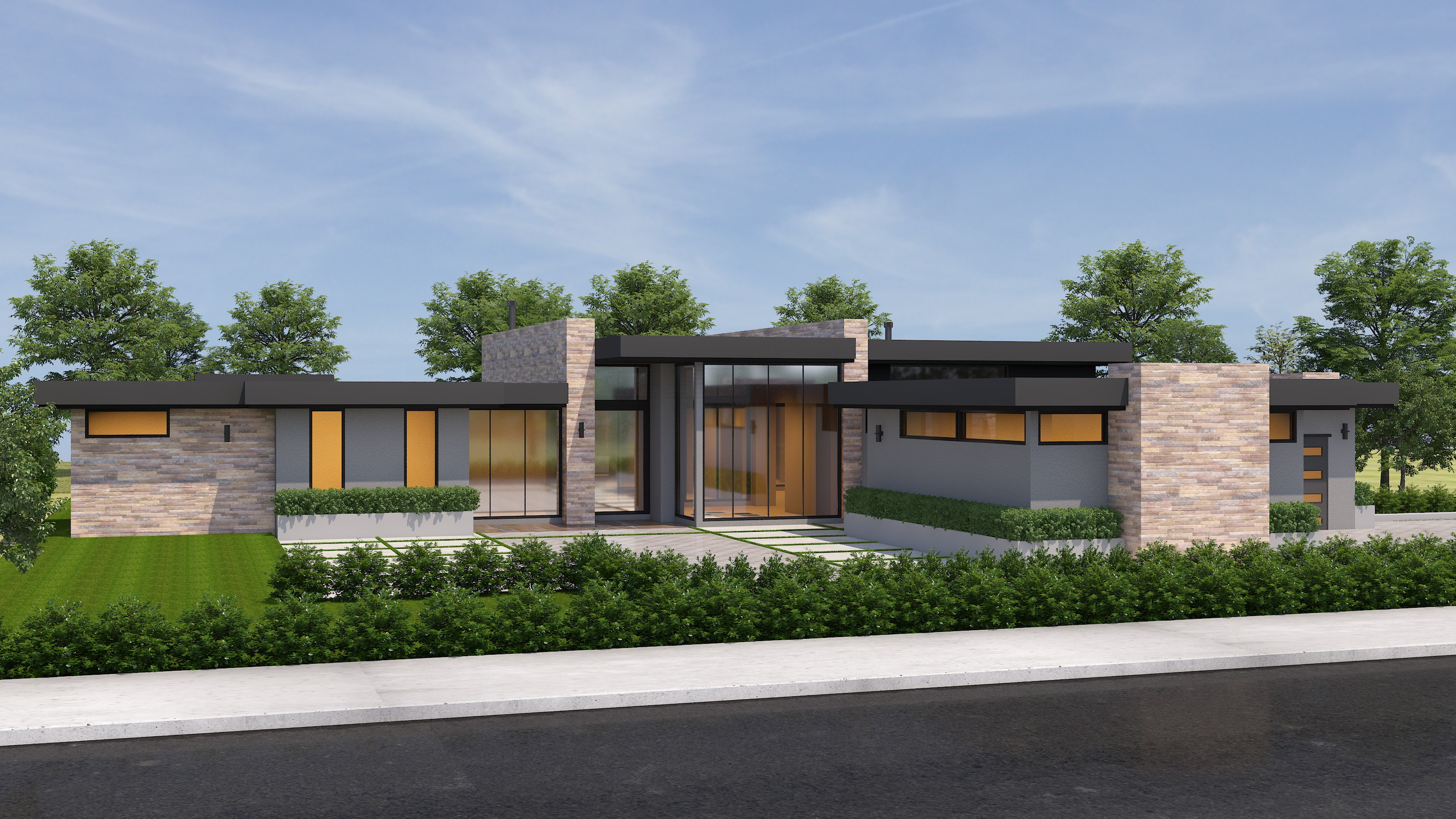 Street view rendering of a modern house.