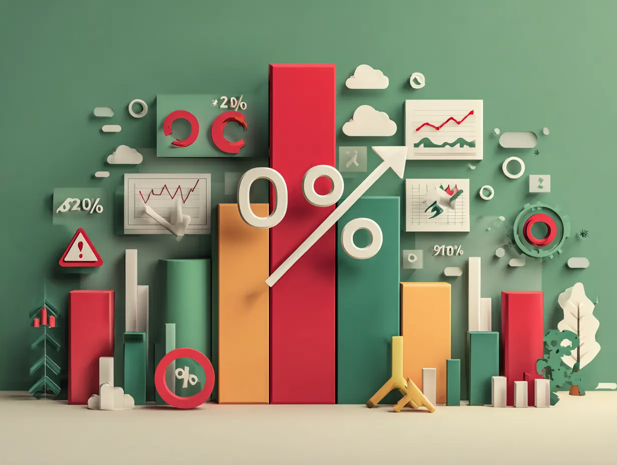 3D infographic cover with bold bars, circular charts, and playful percentage graphics set against green walls, visually representing Indian startup growth and statistics