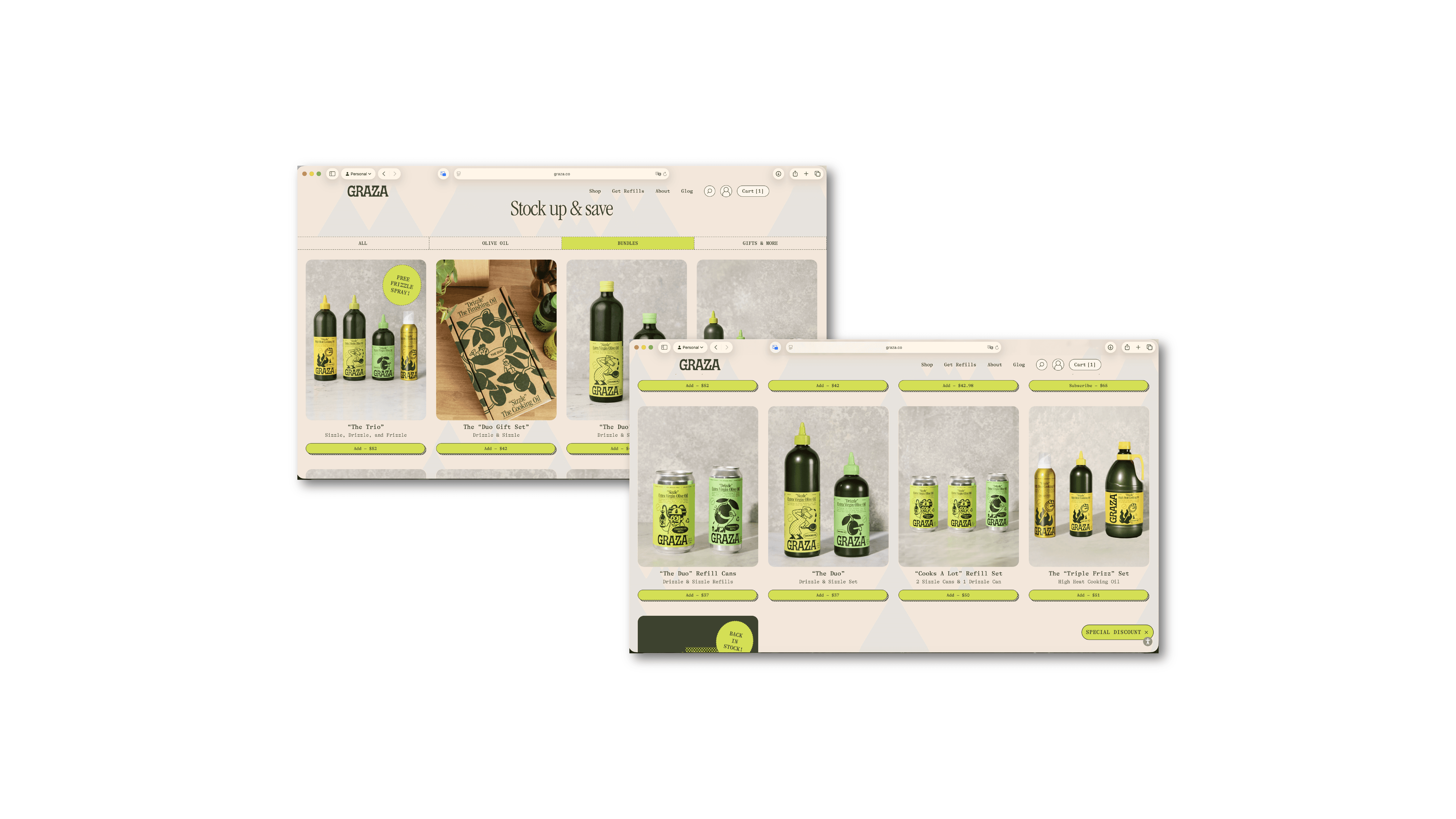 Two Graza website screens showing bundled olive oil products and refill sets arranged in a grid layout on a shop page.