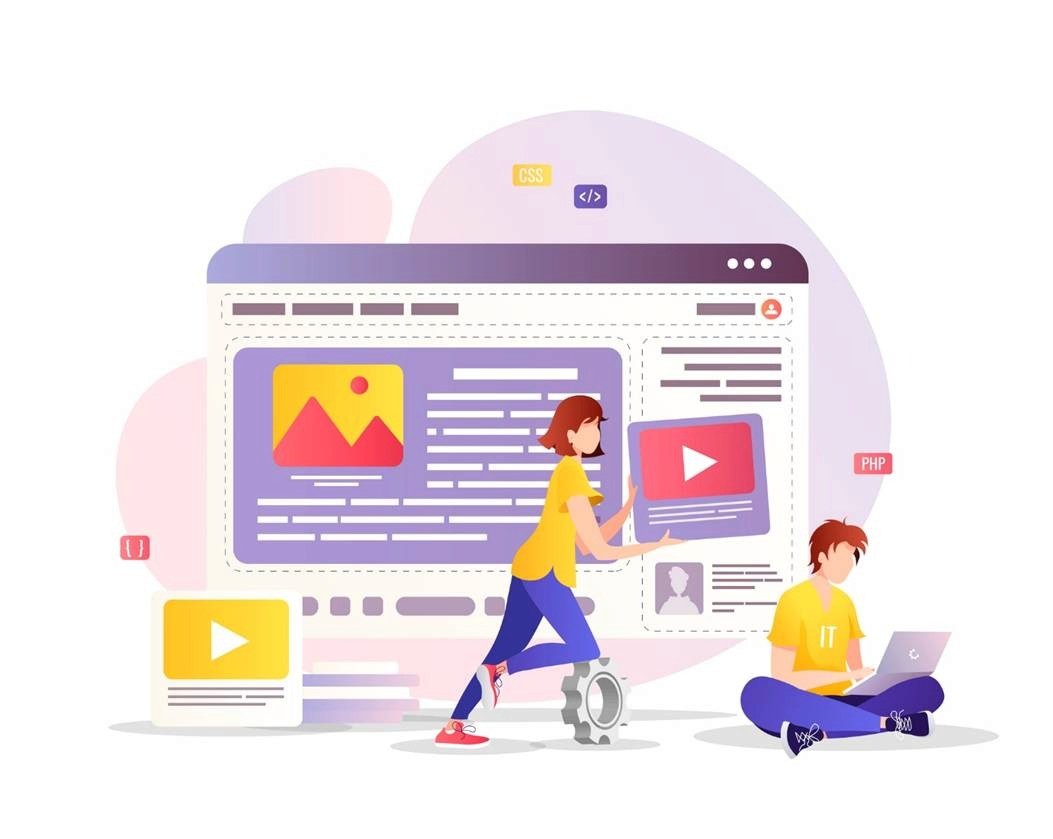 Illustration of two developers building a content-rich website with video and image blocks using code tools