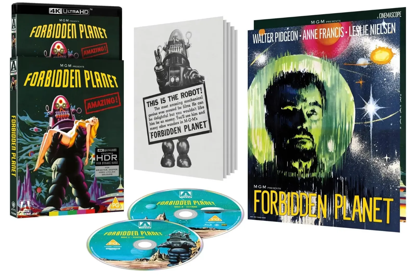 The image showcases a Forbidden Planet collector's edition set, including a Blu-ray box with vibrant cover art of a robot and spaceman, a book featuring classic poster images, and two movie discs, highlighting the iconic science fiction film.