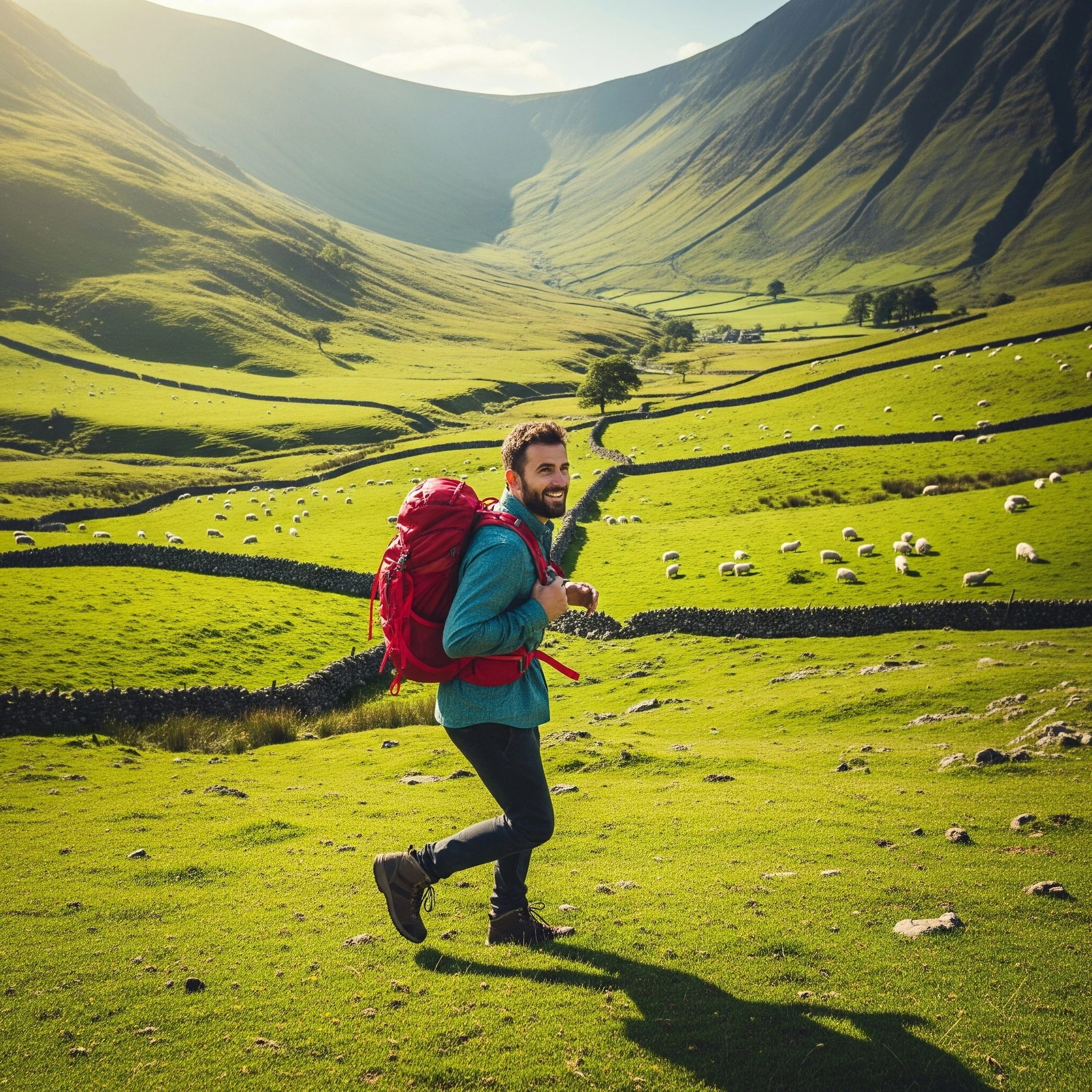 Man walking through the countryside, representing an active lifestyle supported by custom 3D-printed insoles and orthotics for foot drop, foot pain, plantar fasciitis, flat feet, high arches, Morton's neuroma, and lower limb pain at Limitless Orthotics clinic, Leeds.