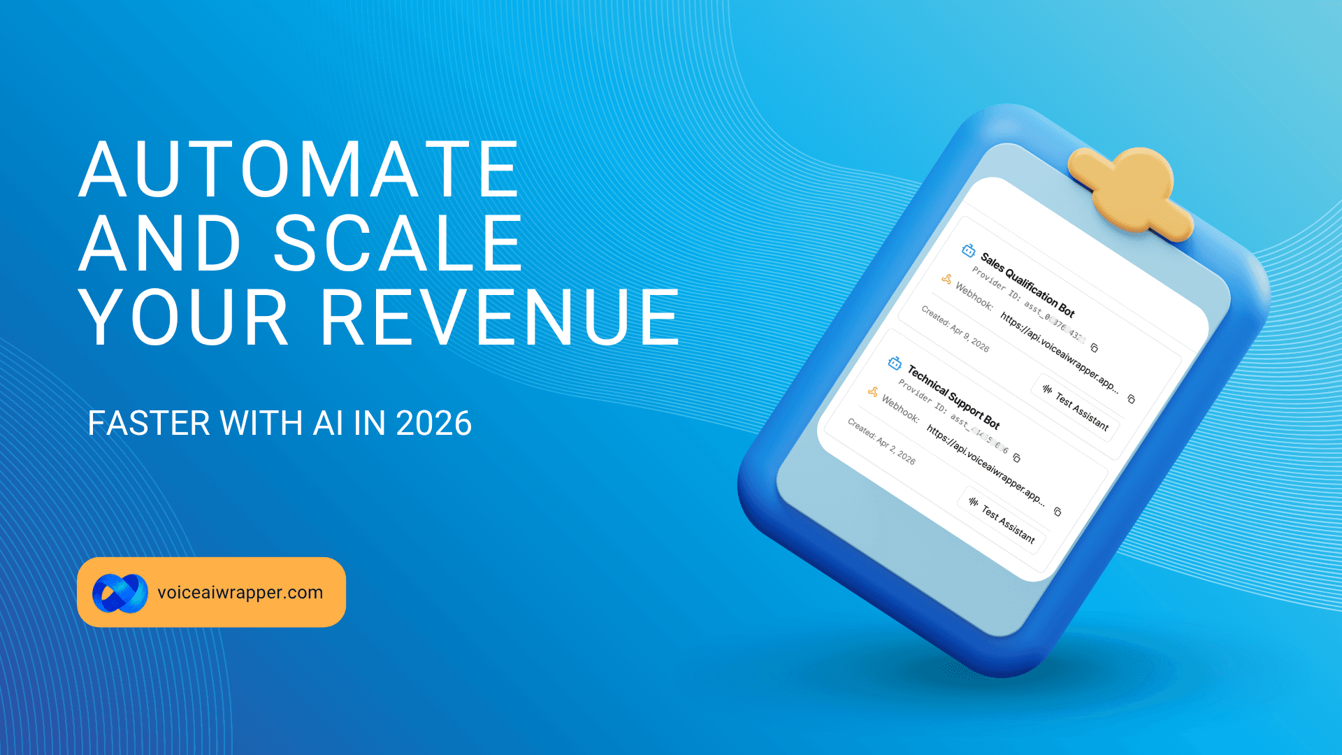 Hero banner for AI sales agents 2026 guide showing sales qualification and support bots powered by voice AI technology | VoiceAIWrapper.