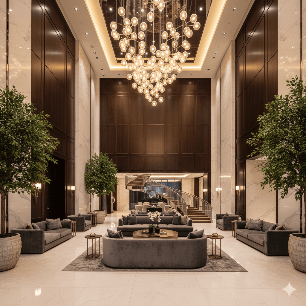 Grand double-height lobby M3M luxury apartments Gurugram.