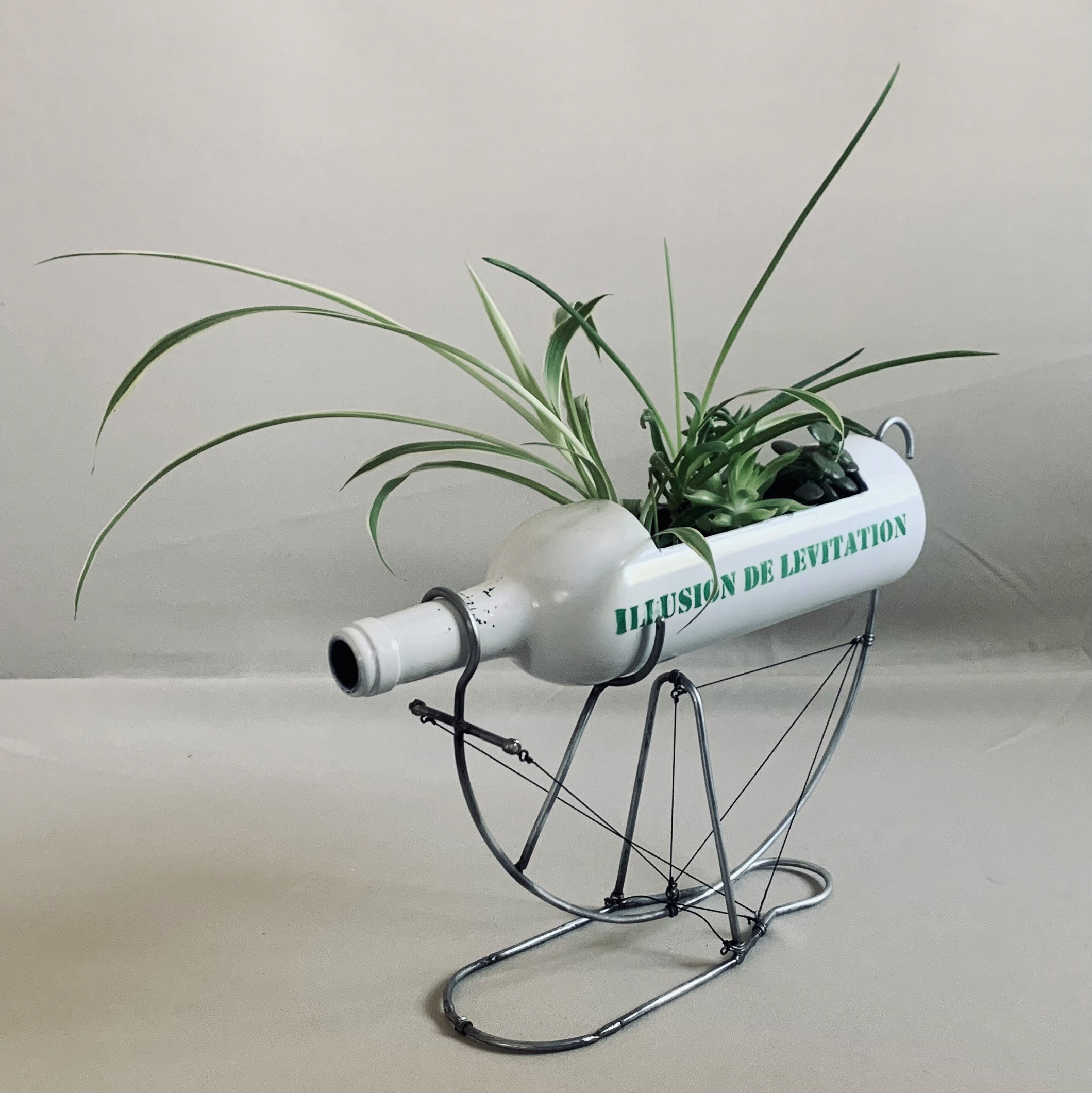 Plante araignée luxuriante dans un pot de fleurs en forme de bouteille de vin blanche, en équilibre grâce à une structure en tenségrité métallique créant une 'ILLUSION DE LÉVITATION' en vert. Lush spider plant in a white wine bottle-shaped planter, balanced by a metallic tensegrity structure creating a green 'ILLUSION DE LÉVITATION'