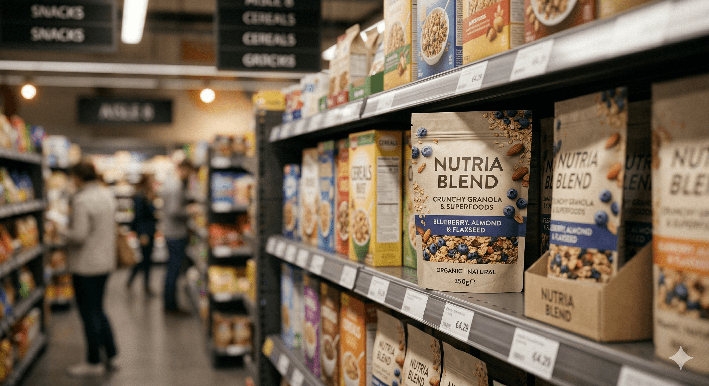 3D-Produktvisualisierung von FMCG-Verpackungen im Regal eines Supermarkts