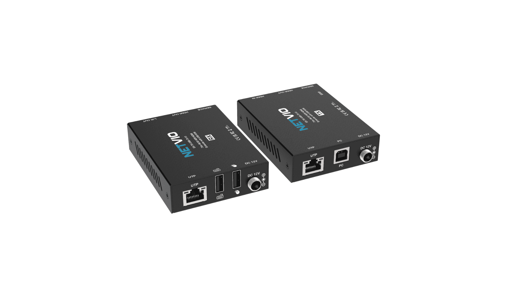 Two black NETVIO HDMI extenders with UTP and USB ports.