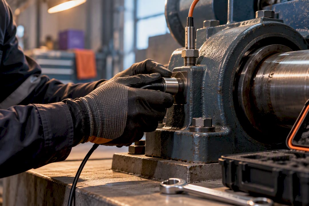 Technician checking machine bearing sensor